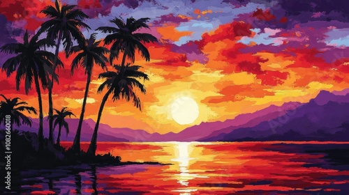 Majestic Sunset on a Tropical Island, Silhouetted Palm Trees Against a Fiery Sky, and a Reflective Ocean, Capturing the Perfect Beach Escape at Dusk