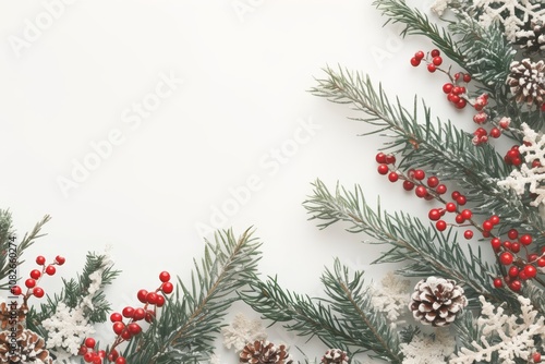 On Christmas Day, snow-covered fir branches, red berries and pine cones on a white background. And leave room for copy of text or design.