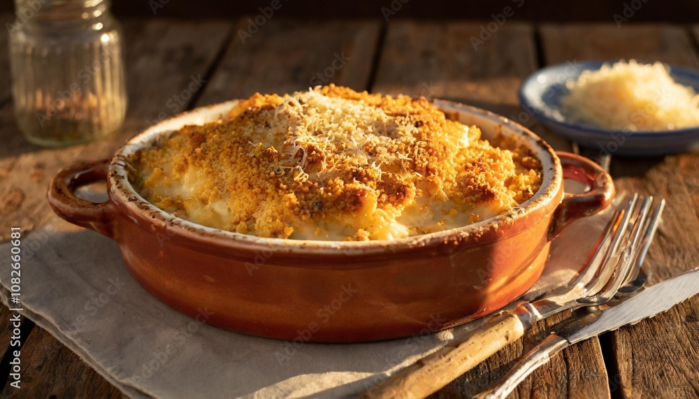 Rich and Creamy Mac and Cheese Baked to Perfection, Topped With a Golden Crust of Breadcrumbs and Parmesan, Served in a Ceramic Dish on a Rustic Wooden Table Rich and Creamy Mac and Cheese Baked to Perfection, Topped With a Golden Crust of Breadcrumbs and Parmesan, Served in a Ceramic Dish on a Rustic Wooden Table