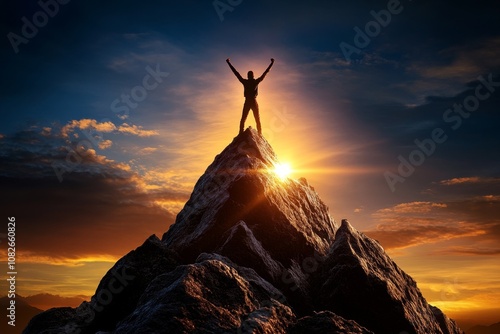 Realistic image of a person reaching the top of a mountain with arms raised in victory at sunrise, symbolizing success