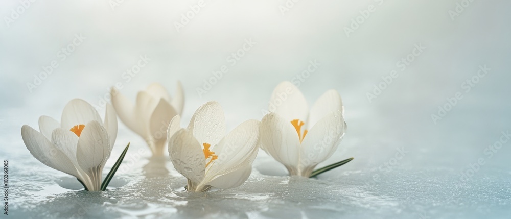 Elegant white blossoms emerge from a transparent ice surface, highlighting nature's delicate persistence amidst icy surroundings. Elegant white blossoms emerge from a transparent ice surface, highlighting nature's delicate persistence amidst icy surroundings.