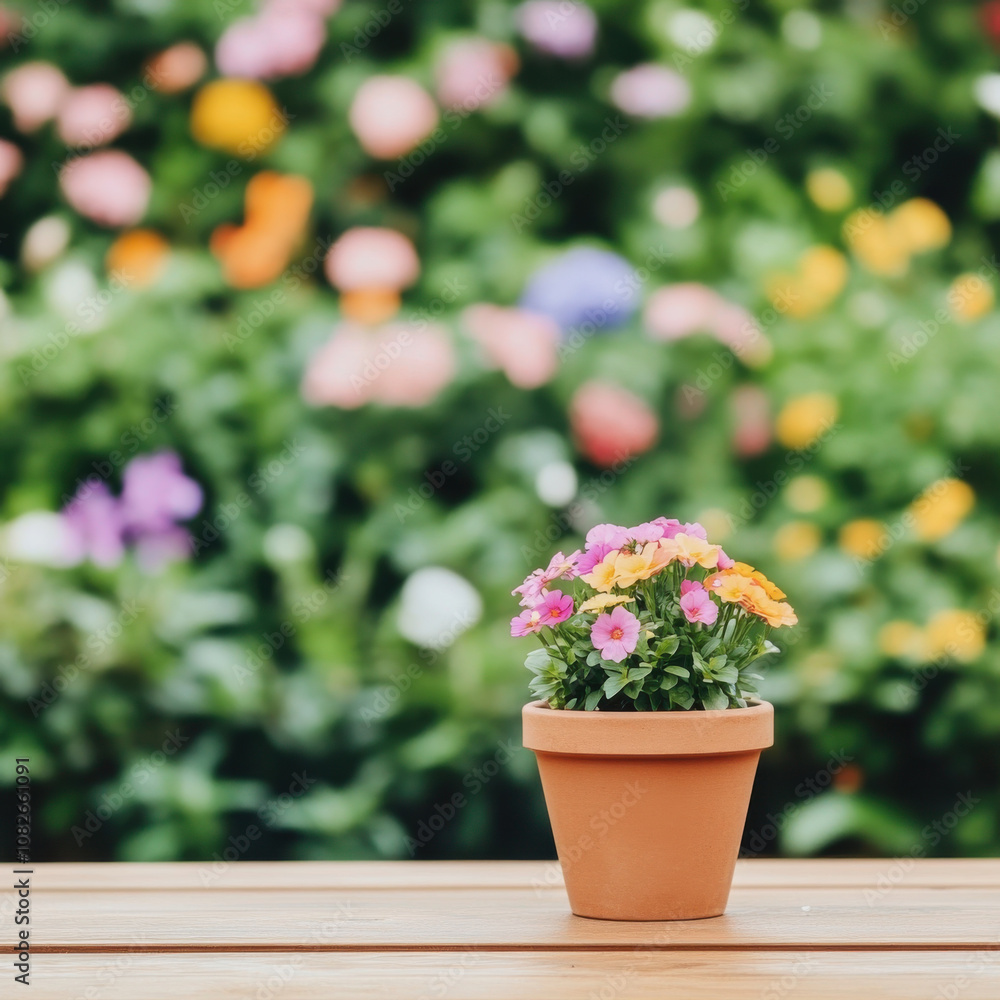 potted flower plant sits on wooden table, surrounded by vibrant garden filled with colorful blooms, creating cheerful and inviting atmosphere potted flower plant sits on wooden table, surrounded by vibrant garden filled with colorful blooms, creating cheerful and inviting atmosphere