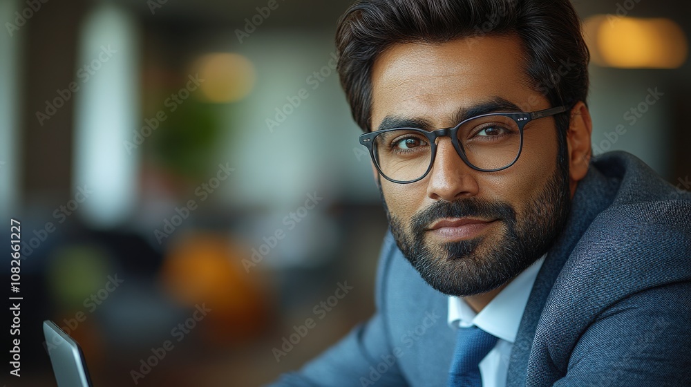 A confident man in a suit with glasses, smiling at the camera in a modern office setting. A confident man in a suit with glasses, smiling at the camera in a modern office setting.