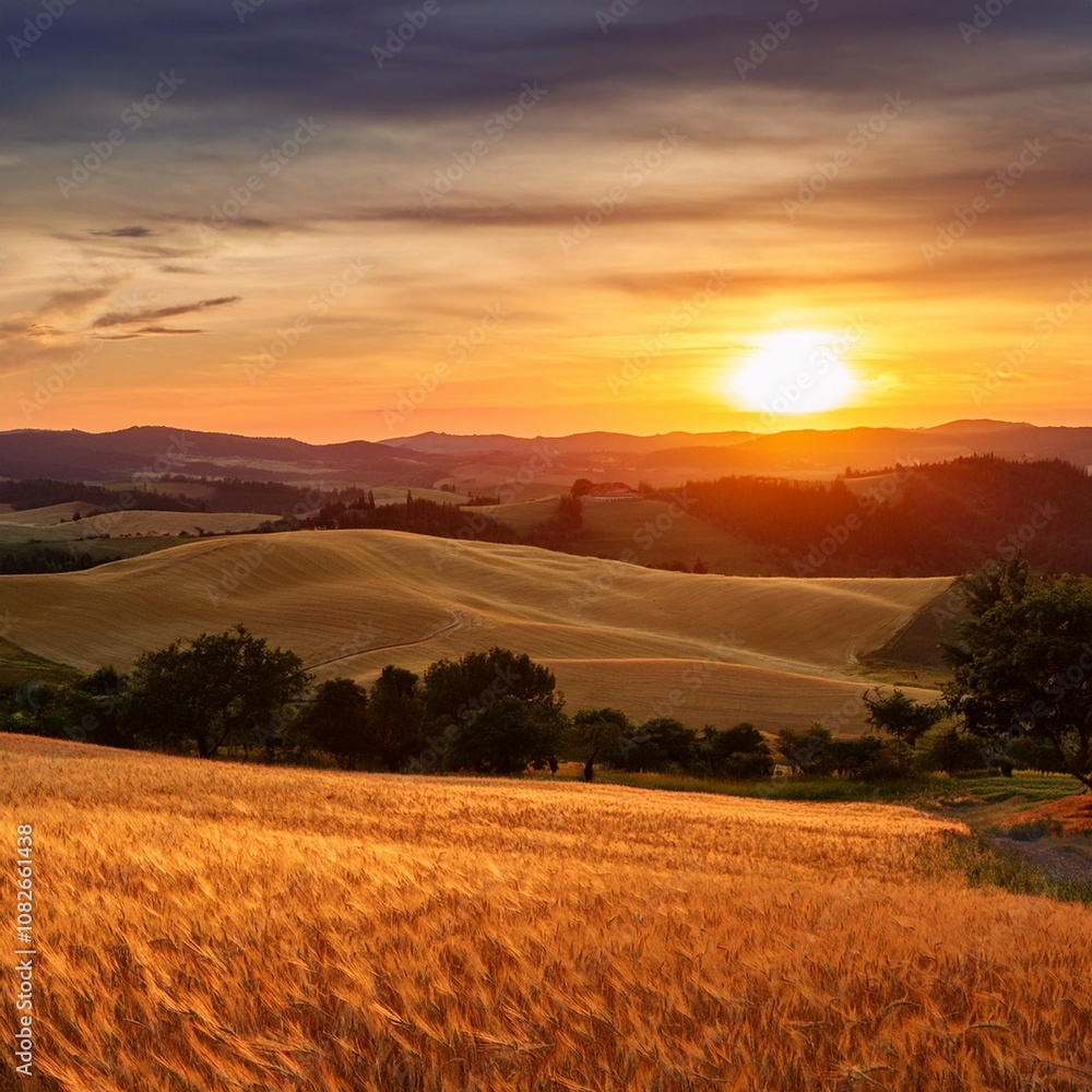 Sunset Over Rolling Hills of Golden Fields, Captured With a Vibrant Sky ...