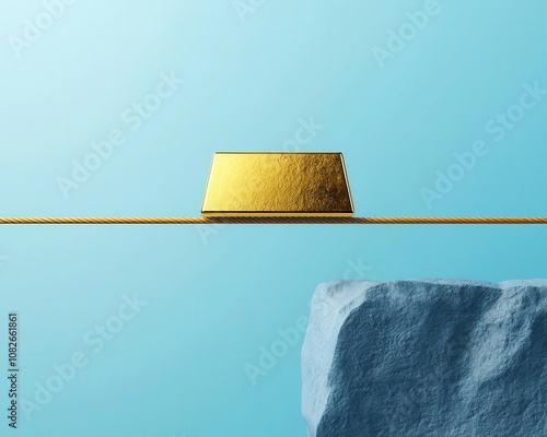 Abstract depiction of a gold bar balancing on a tightrope over a chasm, symbolizing risk and reward, Gold Investment, Balancing Act photo