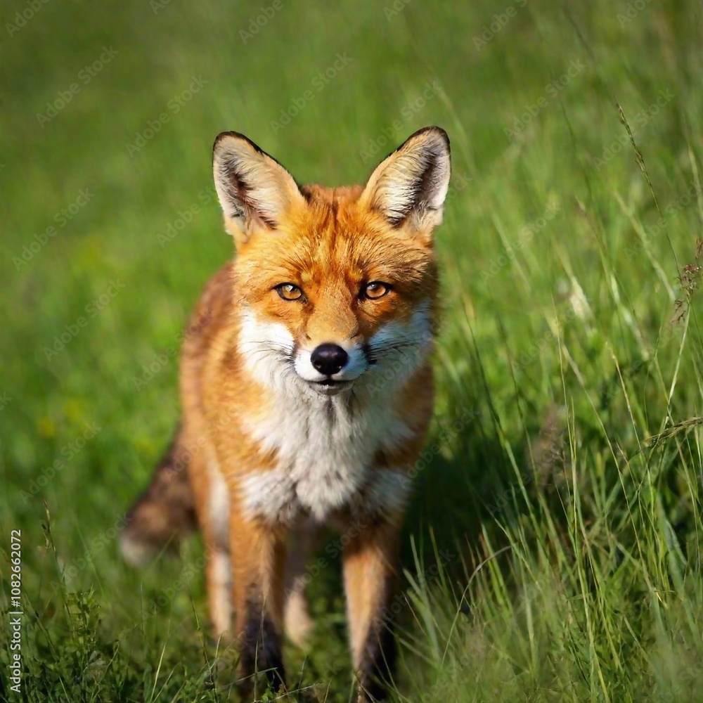 Fototapeta premium A close-up shot of a curious red fox peeking through tall grass in a sunlit meadow.