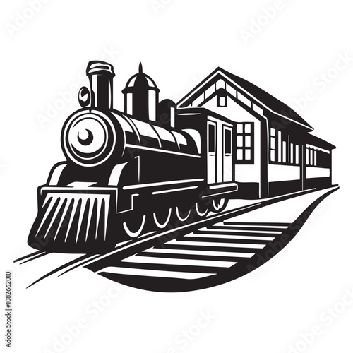  Train pulling into a station silhouette vector art black color design and solid white background 