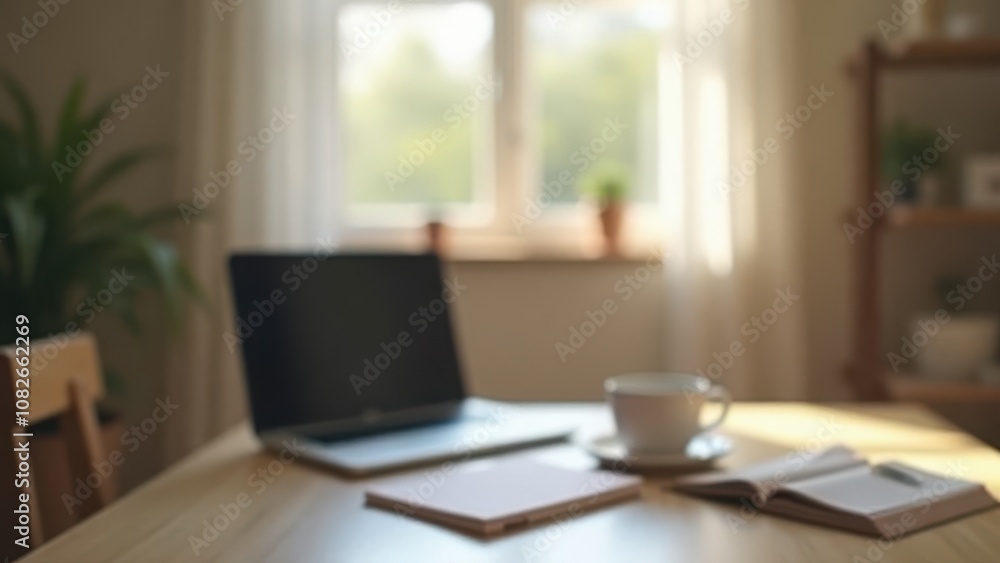 Cozy workspace with a laptop, coffee cup, and notebook on a table, illuminated by natural light. Perfect for home office, remote work, and freelancers Cozy workspace with a laptop, coffee cup, and notebook on a table, illuminated by natural light. Perfect for home office, remote work, and freelancers