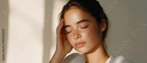 Softly lit portrait of a woman with eyes closed, hand resting on her cheek, enveloped in a tranquil ambiance that highlights her natural beauty. photo