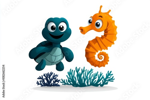 Simple 2D illustration of a turtle and seahorse surrounded by coral, fun and colorful on a white background photo