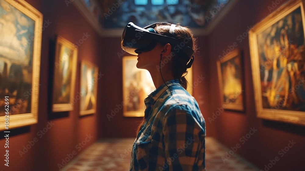 Person Interacting with Floating 3D Art in Virtual Gallery using VR Glasses Person Interacting with Floating 3D Art in Virtual Gallery using VR Glasses