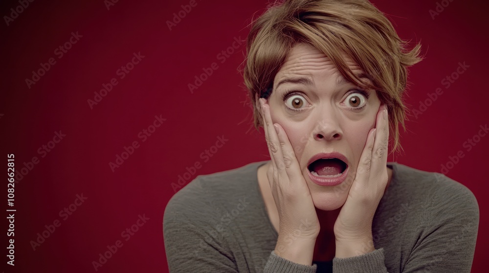 A woman expressing shock or surprise with hands on her face. A woman expressing shock or surprise with hands on her face.