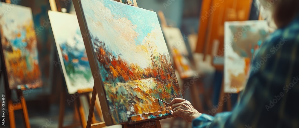 An artist’s hand brings a vibrant landscape painting to life, amidst canvases on easels in a light-filled studio brimming with creativity. An artist’s hand brings a vibrant landscape painting to life, amidst canvases on easels in a light-filled studio brimming with creativity.