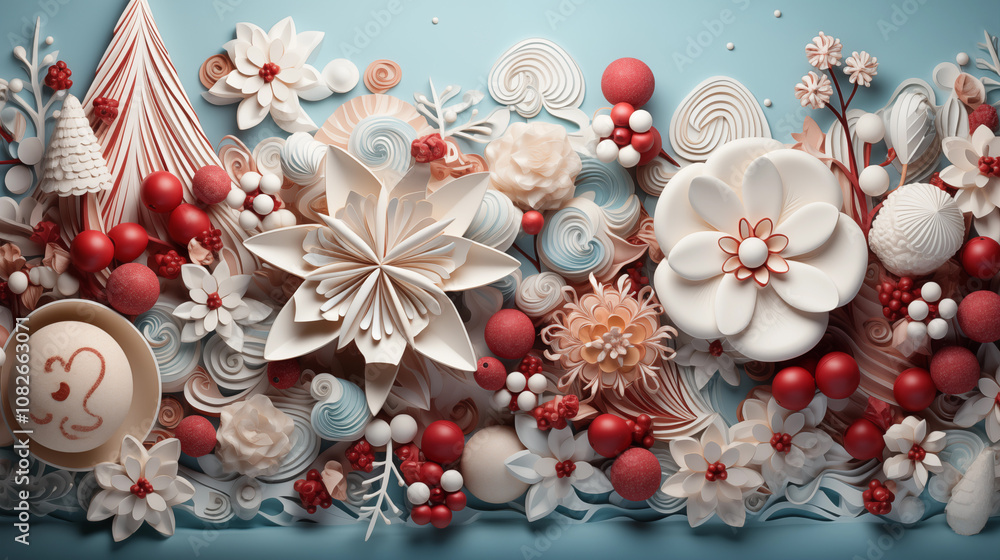 Elegant Paper Art Christmas Design with White and Red Flowers Elegant Paper Art Christmas Design with White and Red Flowers