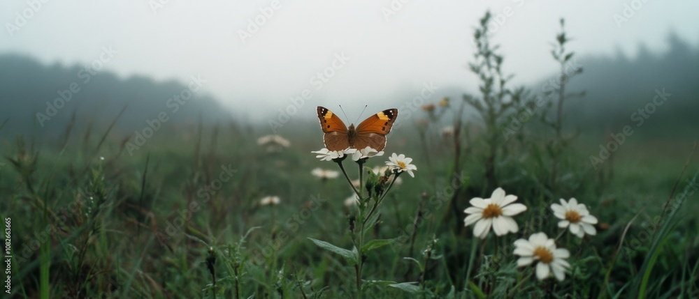 Fototapeta premium A vibrant butterfly gracefully settles on a daisy amidst a misty meadow, embodying the delicate dance between nature and tranquility.