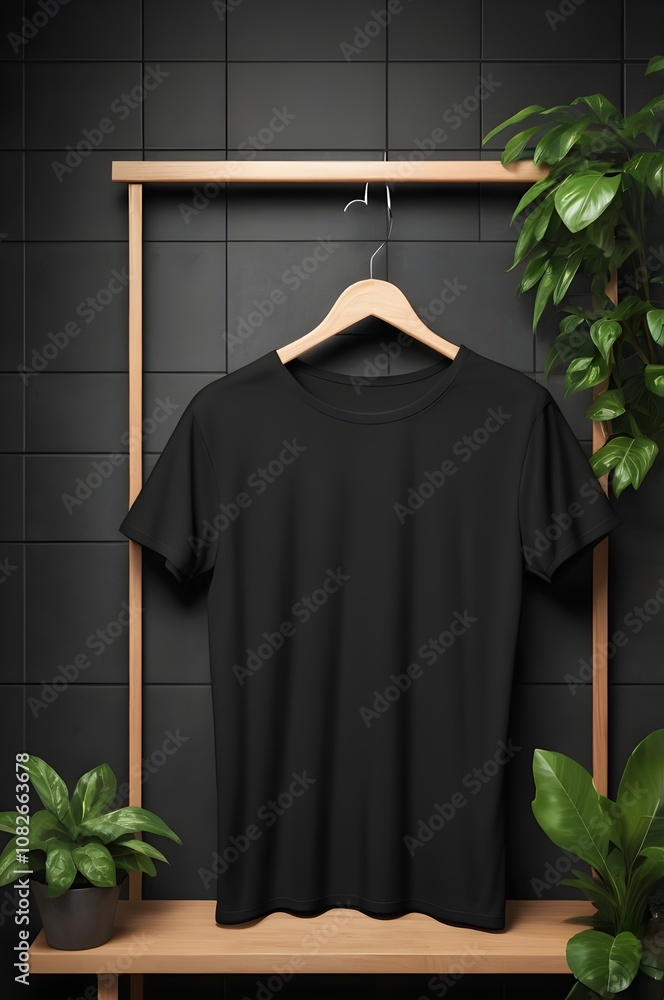 A digital mockup of a black t-shirt hanging on a wooden hanger against a dark tiled wall. The layout is symmetrical, with the t-shirt centered in the frame. A digital mockup of a black t-shirt hanging on a wooden hanger against a dark tiled wall. The layout is symmetrical, with the t-shirt centered in the frame.