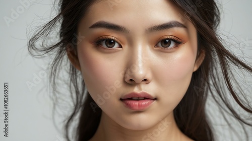 cute japanese woman with radiant skin on white background