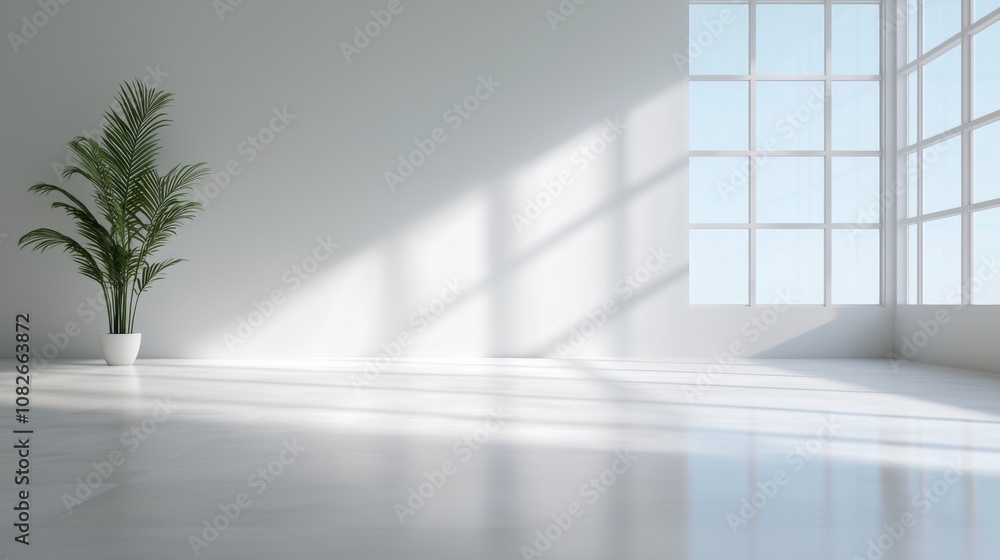 A large window in a white room with a potted plant in front of it A large window in a white room with a potted plant in front of it