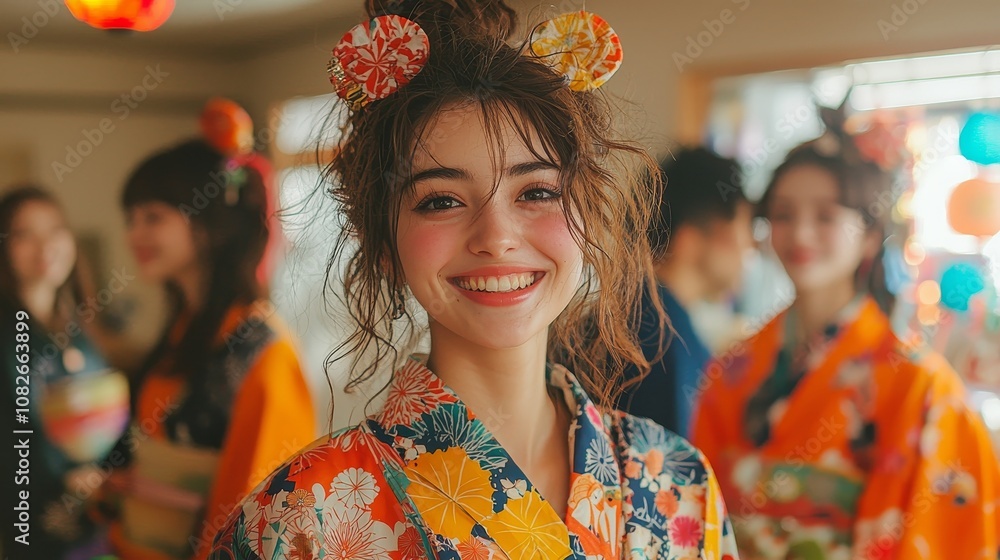Young woman smiling in colorful kimono at a festive gathering Young woman smiling in colorful kimono at a festive gathering