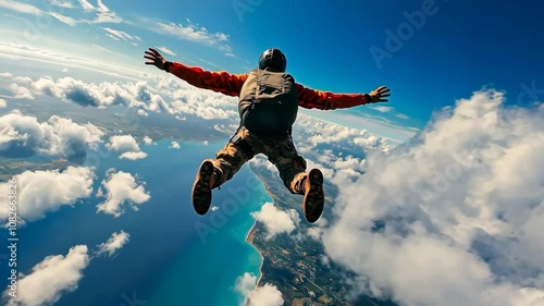 Wallpaper Mural Skydiver free-falling over a stunning coastal landscape on a sunny day with clouds drifting below Torontodigital.ca