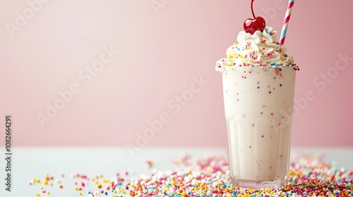 Tall Glass of Colorful Milkshake with Whipped Cream and Cherry Topped Garnish on Table