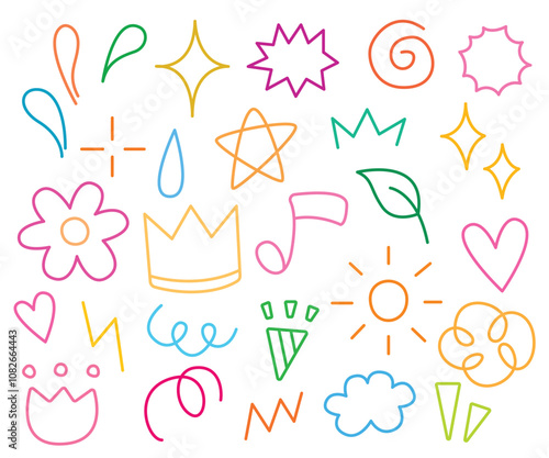 Doodle and abstract hand drawn cartoon with colorful line for illustration. Element of sun flower star music party