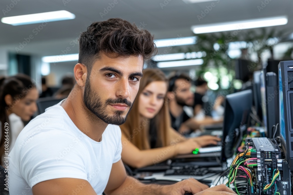 Students in a computer lab, working on projects with modern computers, bright and tech-focused Students in a computer lab, working on projects with modern computers, bright and tech-focused
