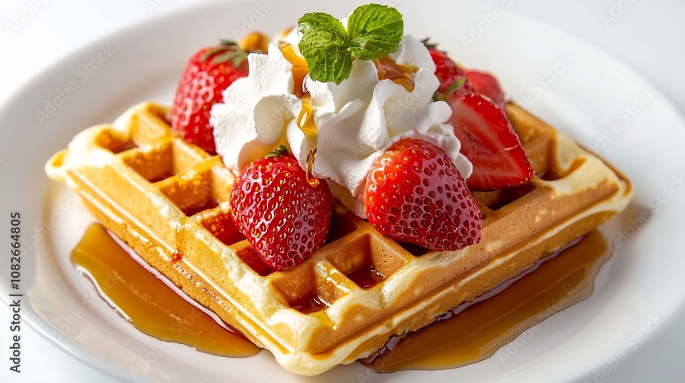 Gourmet Belgian Waffle with Maple Syrup Whipped Cream and Fresh Strawberries on White Plate Gourmet Belgian Waffle with Maple Syrup Whipped Cream and Fresh Strawberries on White Plate