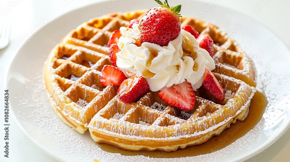 Golden Belgian Waffle Drizzled with Maple Syrup and Topped with Whipped Cream and Strawberries Golden Belgian Waffle Drizzled with Maple Syrup and Topped with Whipped Cream and Strawberries