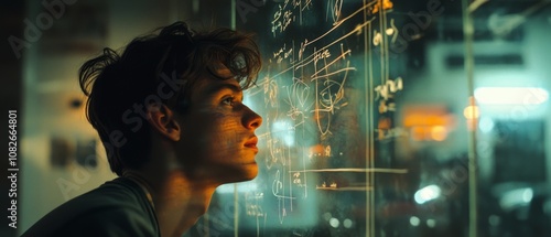 A young thinker ponders equations on a glass board in a softly lit room, embodying curiosity and intellect in a moment of deep thought. photo