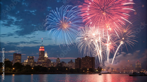 Fireworks over city skyline at night photo