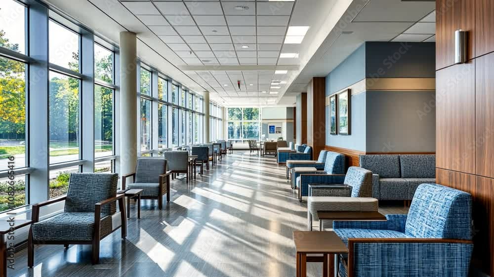 Hospital hallway design with bright lighting, clean furniture, and modern seating Hospital hallway design with bright lighting, clean furniture, and modern seating