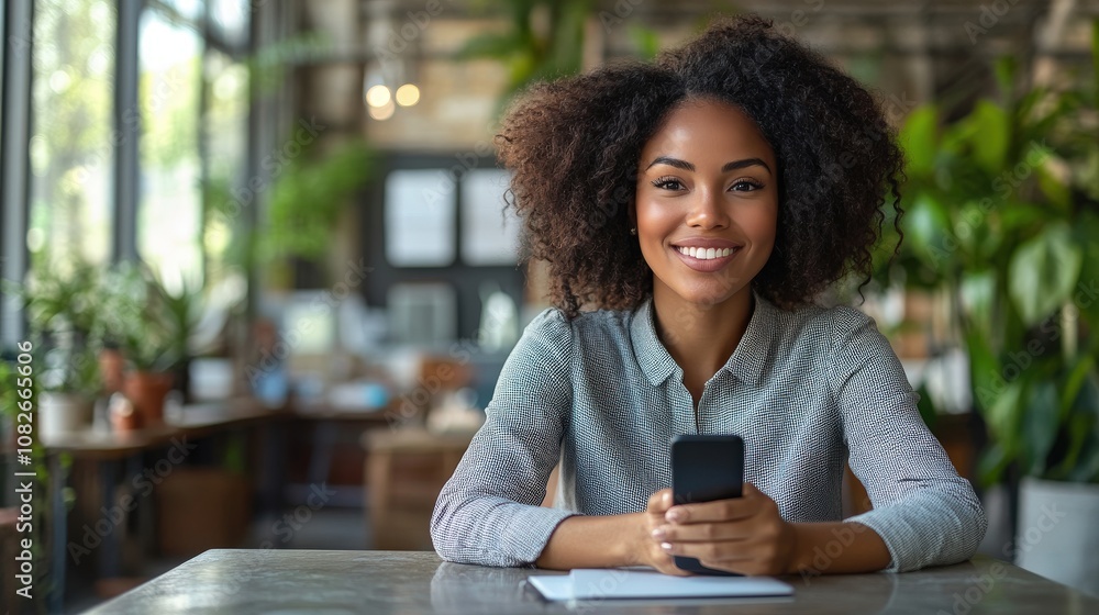 A smiling woman sitting at a table with a smartphone in a plant-filled caf?. A smiling woman sitting at a table with a smartphone in a plant-filled caf?.