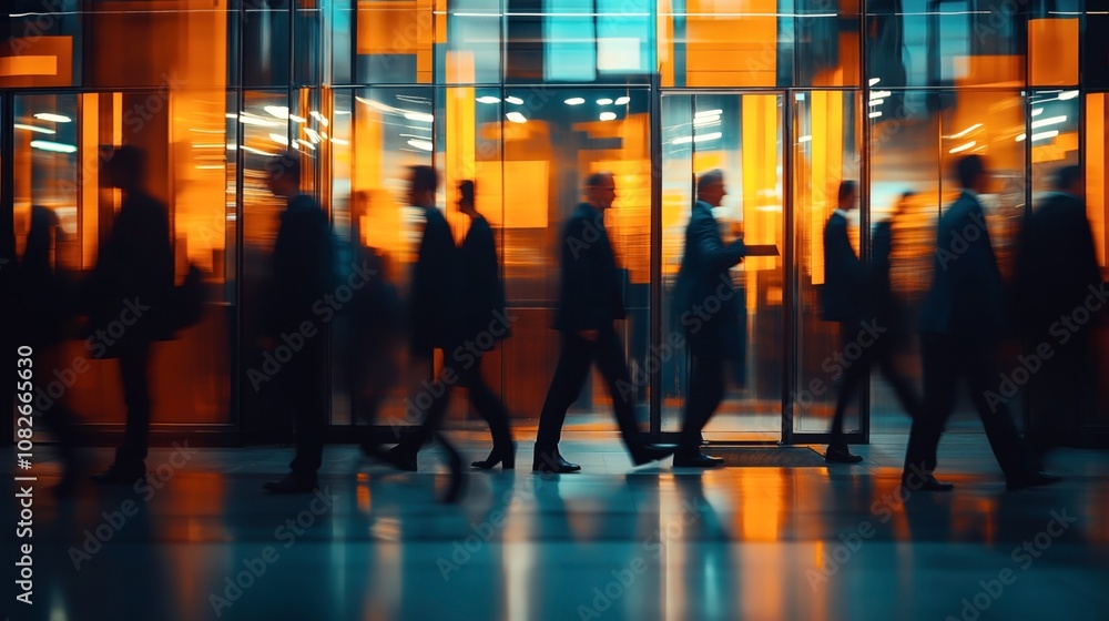 Fototapeta premium Blurred image of silhouetted people walking in a modern office building with glass walls and vibrant orange and blue lighting creating a dynamic urban atmosphere.
