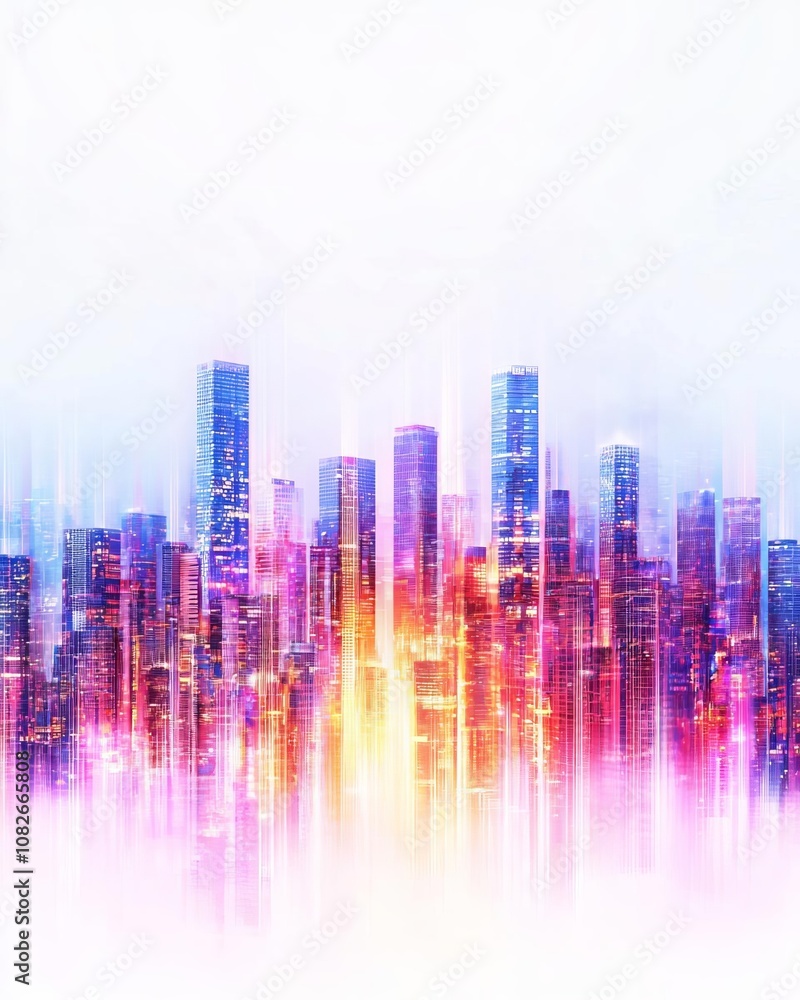 Vibrant city skyline illuminated by colorful lights against a bright background. Vibrant city skyline illuminated by colorful lights against a bright background.