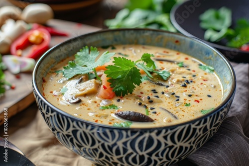 Authentic thai tom kha gai soup is served in a blue patterned bowl, garnished with fresh coriander photo