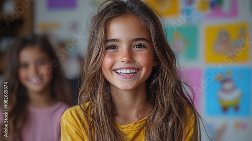 Cheerful girls smiling in a colorful, playful environment