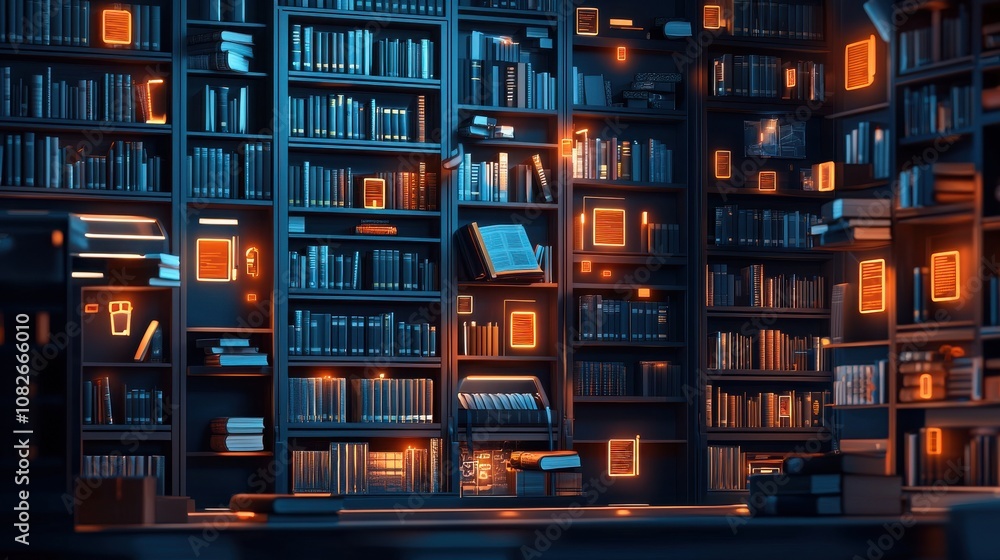 Digital library interaction virtual space 3d render futuristic environment eye-level view knowledge exploration Digital library interaction virtual space 3d render futuristic environment eye-level view knowledge exploration