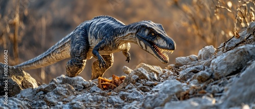 Fototapeta Naklejka Na Ścianę i Meble -  A dinosaur prowls over rocky terrain, its powerful stance captured in golden light, evoking ancient mysteries and untamed wilderness.