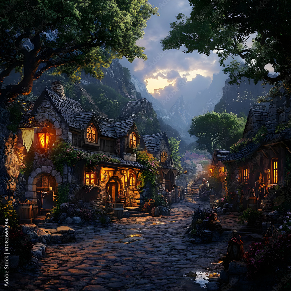 Obraz premium Illustration of Cozy Village Street at Dusk