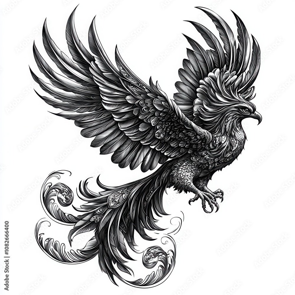 A black and white vector illustration of an elegant phoenix in mid-flight, wings spread wide. A black and white vector illustration of an elegant phoenix in mid-flight, wings spread wide.