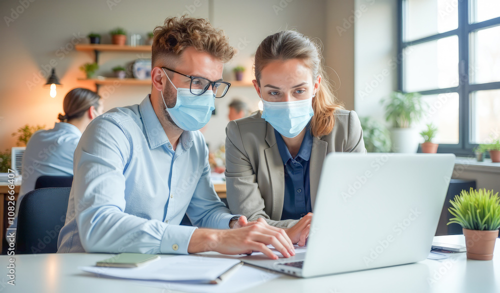 colleagues in the office are working in medical masks in front of a laptop colleagues in the office are working in medical masks in front of a laptop