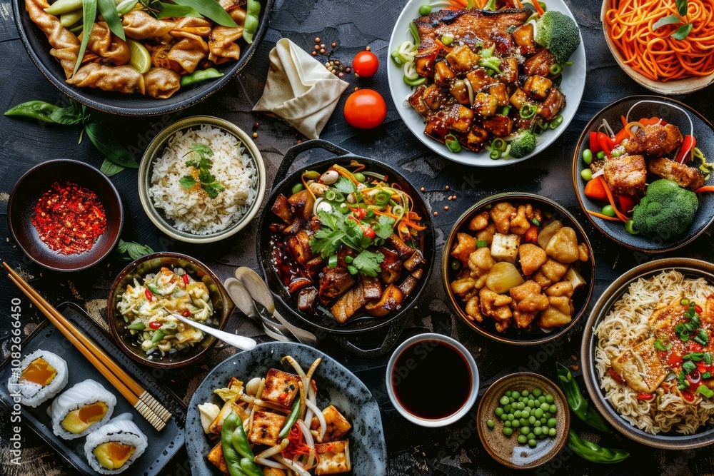 Variety of asian dishes in bowls on dark background, top view, space for text Variety of asian dishes in bowls on dark background, top view, space for text