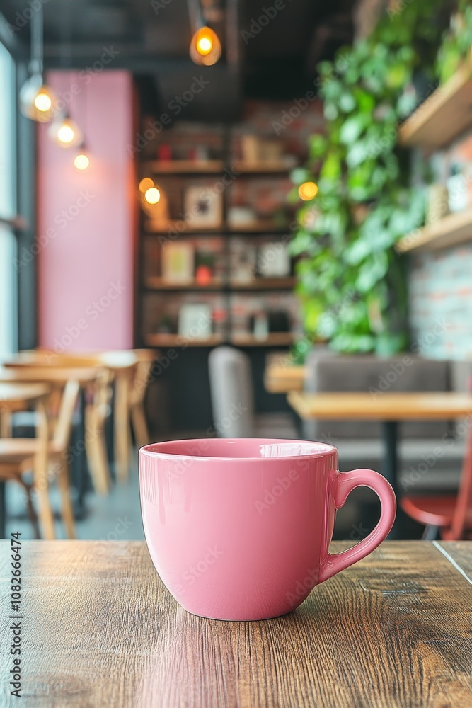 Pink coffee cup on a rustic wooden table in a cozy cafe interior. Warm and inviting atmosphere. Pink coffee cup on a rustic wooden table in a cozy cafe interior. Warm and inviting atmosphere.