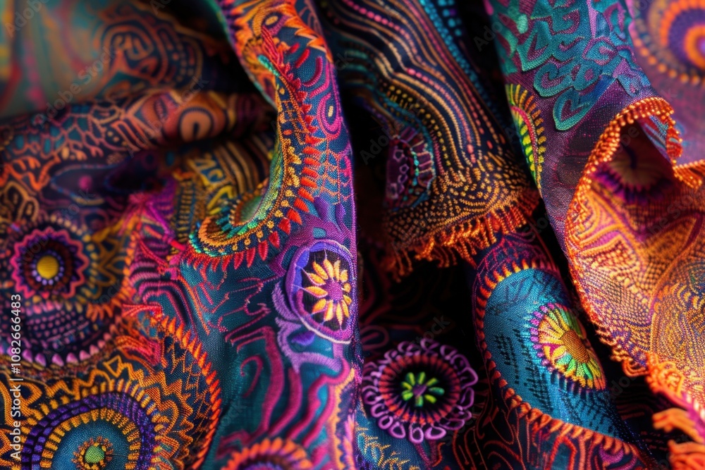 Colorful embroidered fabric showcasing intricate patterns and vibrant hues in close-up, perfect for textile enthusiasts and craft projects Colorful embroidered fabric showcasing intricate patterns and vibrant hues in close-up, perfect for textile enthusiasts and craft projects