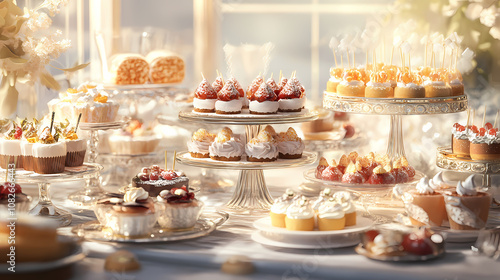 Conceptual dessert buffet, elegant layout, exquisite treats. Exquisite. Illustration