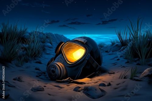 Vintage-style illustration of an old diving helmet resting on the ocean floor with sea plants, muted colors photo