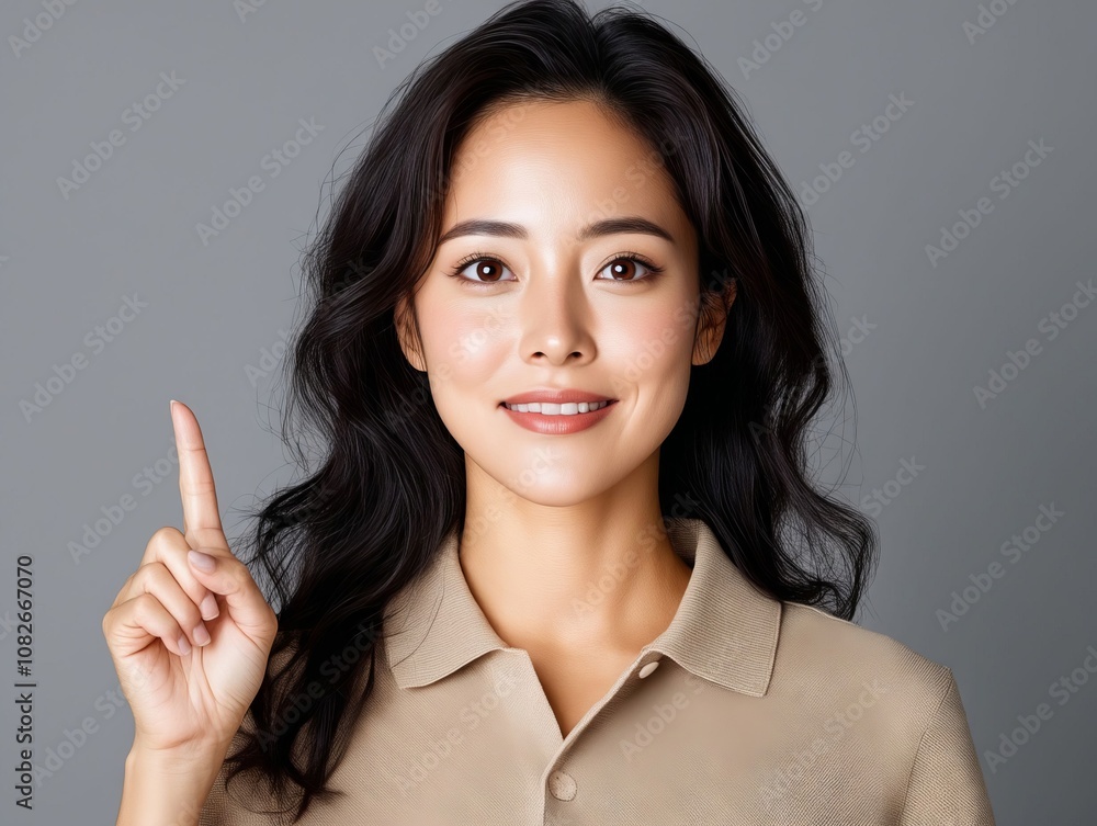 A woman pointing up with her finger A woman pointing up with her finger