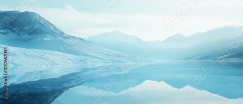 A tranquil, icy landscape mirrors mountain reflections under a serene sky, evoking a sense of peace and wonder.