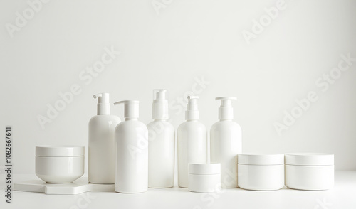 white bottles of cosmetics soap creams scrubs on a white background